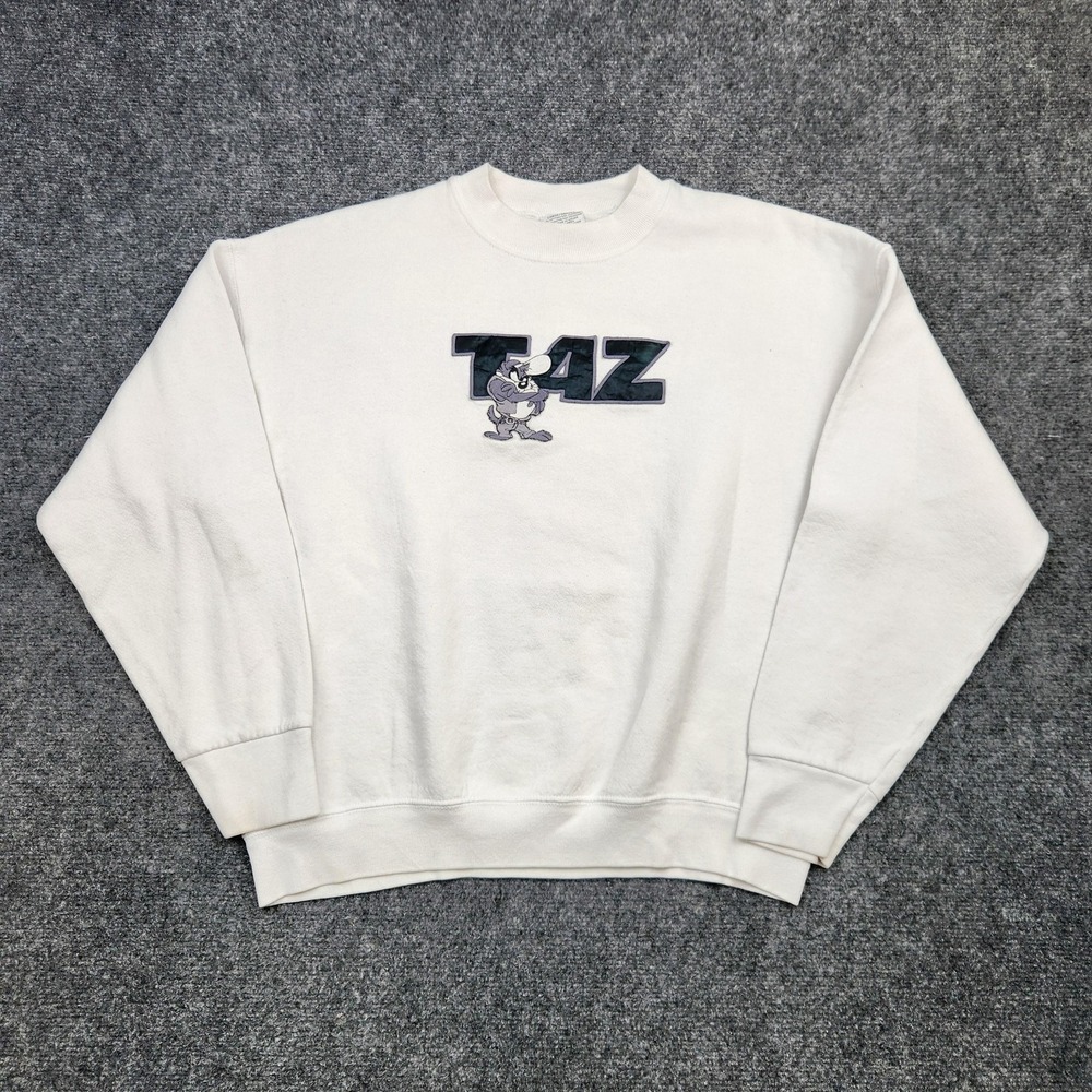 Vintage Looney Tunes Taz Sweatshirt Mens Large White Crewneck Fleece Cartoon 90s - Picture 1 of 9